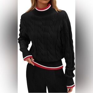 Chic Black Cable Knit Turtleneck Sweater with Red and White Trim